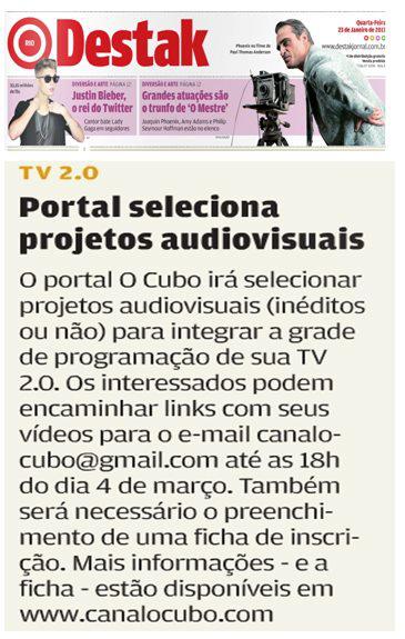 Jornal Destak (RJ) — Portal seleciona projetos audiovisuais