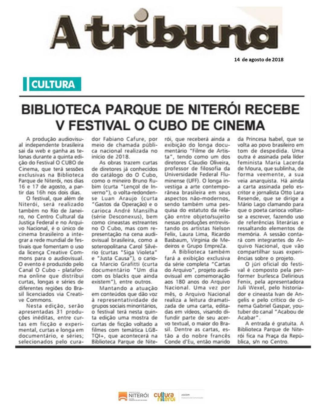 A Tribuna · Niterói — Biblioteca Parque de Niterói recebe V Festival O Cubo de Cinema