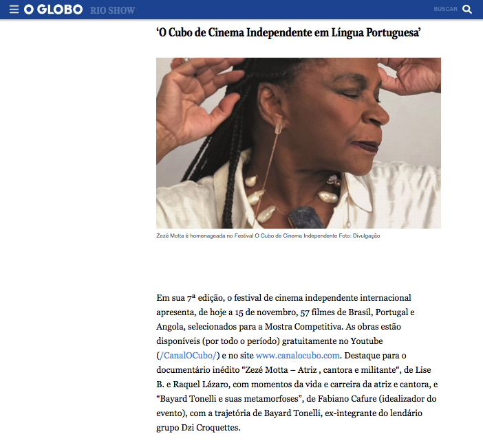 O Globo · Rio Show — O Cubo de Cinema Independente em Língua Portuguesa — Zezé Motta homenageada